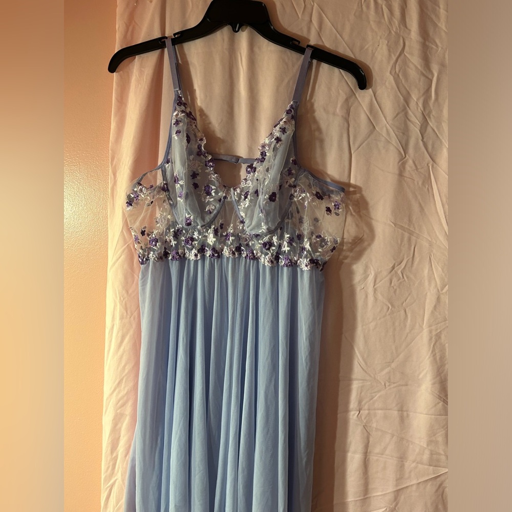 SHEIN Lavender Lace and Mesh Chemise with Floral Embroidery